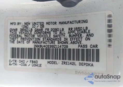 2009 Toyota Corolla Le z USA, uszkodzony, nr VIN 1NXBU40E99Z114709